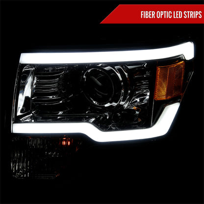 2009-2014 Ford F-150 LED Strip Projector Headlights (Chrome Housing/Smoked Lens)