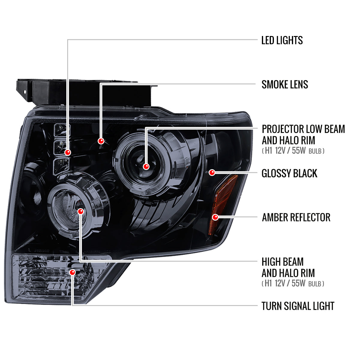 2009-2014 Ford F-150 Dual Halo Projector Headlights (Glossy Black Housing/Smoked Lens)
