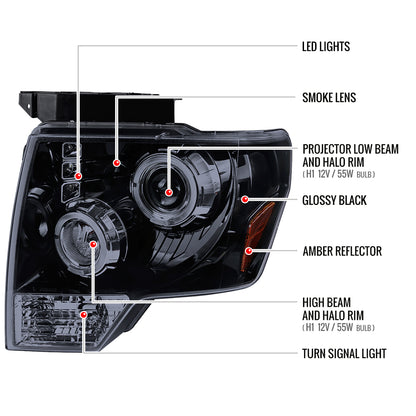 2009-2014 Ford F-150 Dual Halo Projector Headlights (Glossy Black Housing/Smoked Lens)