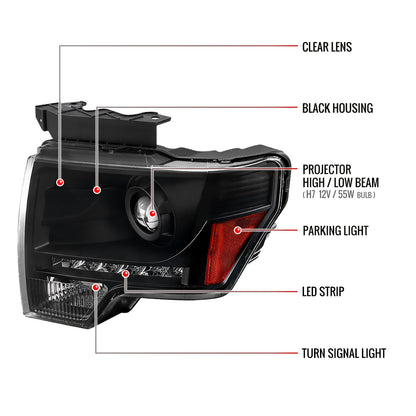 2009-2014 Ford F-150 Projector Headlights w/ LED Light Strip (Matte Black Housing/Clear Lens)