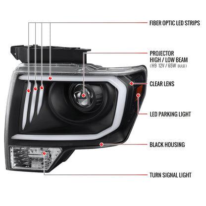 2009-2014 Ford F-150 LED C-Bar Projector Headlights (Matte Black Housing/Clear Lens)