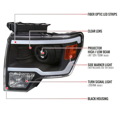 2009-2014 Ford F-150 LED Strip Projector Headlights (Matte Black Housing/Clear Lens)