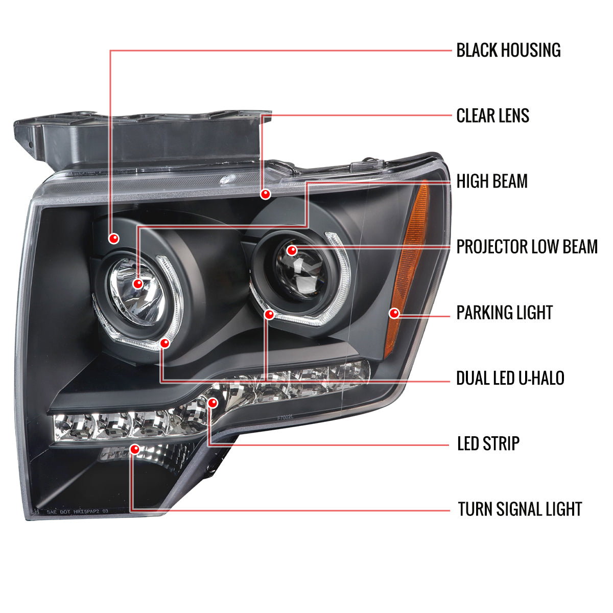 2009-2014 Ford F-150 Dual U-Ring Halo Projector Headlights w/ LED Light Strip (Matte Black Housing/Clear Lens)