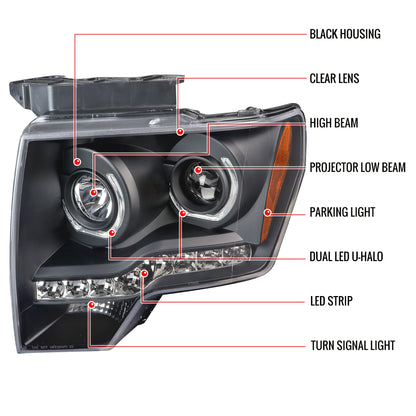 2009-2014 Ford F-150 Dual U-Ring Halo Projector Headlights w/ LED Light Strip (Matte Black Housing/Clear Lens)