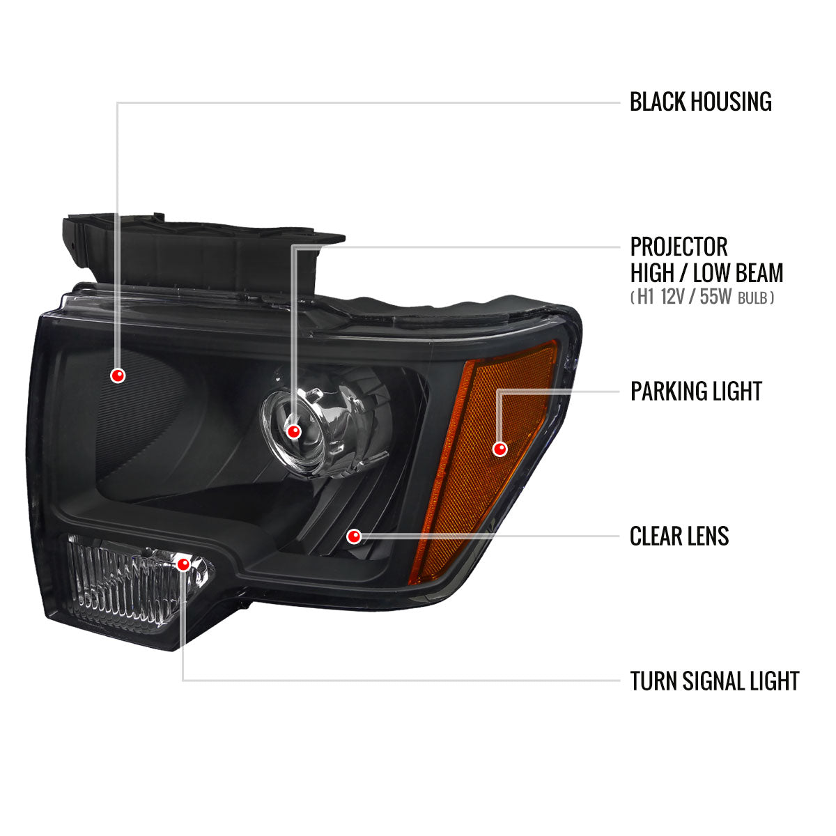 2009-2014 Ford F-150 Projector Headlights w/ Amber Reflectors (Matte Black Housing/Clear Lens)