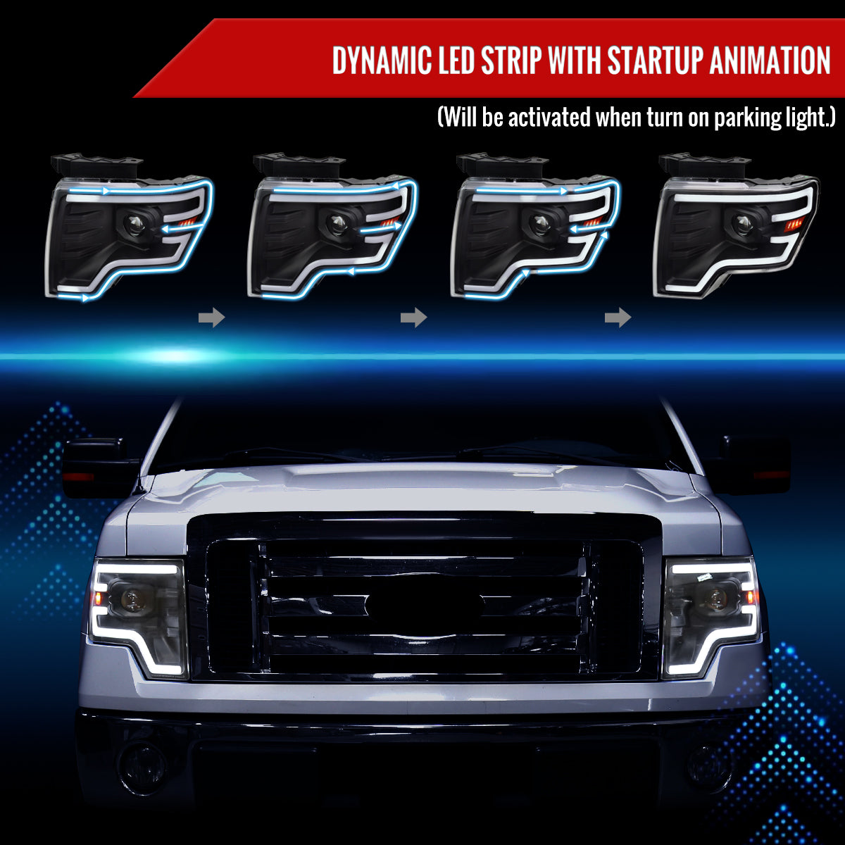 2009-2014 Ford F-150 Switchback Sequential LED Turn Signal Projector Headlights (Matte Black Housing/Clear Lens)