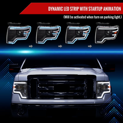 2009-2014 Ford F-150 Switchback Sequential LED Turn Signal Projector Headlights (Matte Black Housing/Clear Lens)