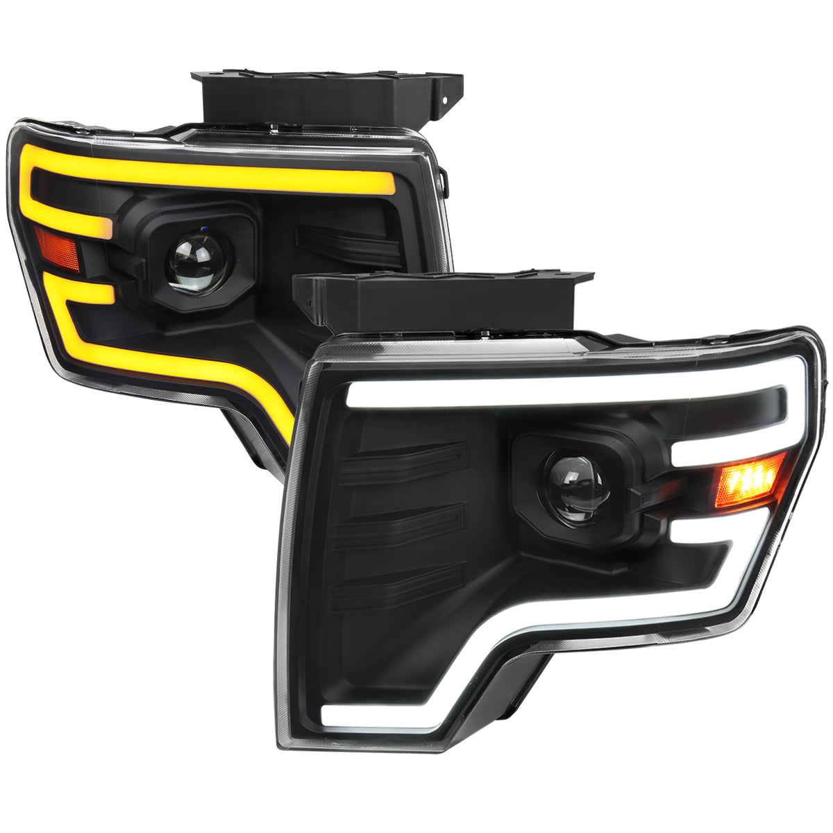 2009-2014 Ford F-150 Switchback Sequential LED Turn Signal Projector Headlights (Matte Black Housing/Clear Lens)
