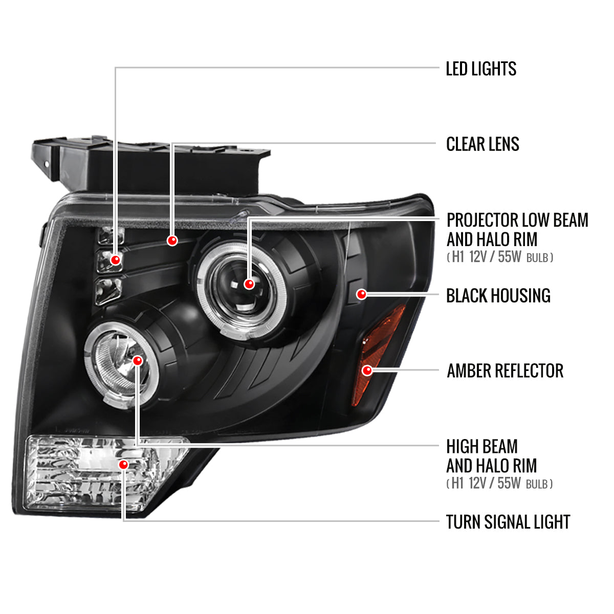 2009-2014 Ford F-150 Dual Halo Projector Headlights (Matte Black Housing/Clear Lens)