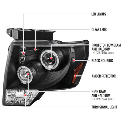2009-2014 Ford F-150 Dual Halo Projector Headlights (Matte Black Housing/Clear Lens)