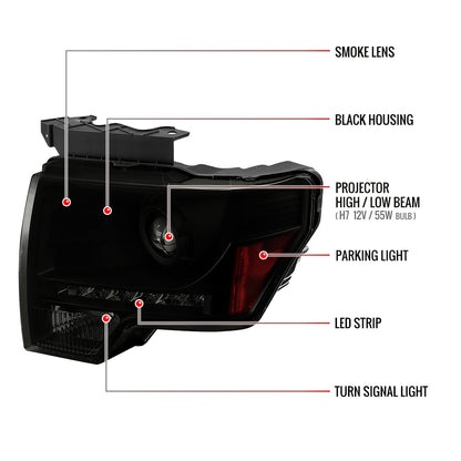 2009-2014 Ford F-150 Projector Headlights w/ LED Light Strip (Black Housing/Smoked Lens)