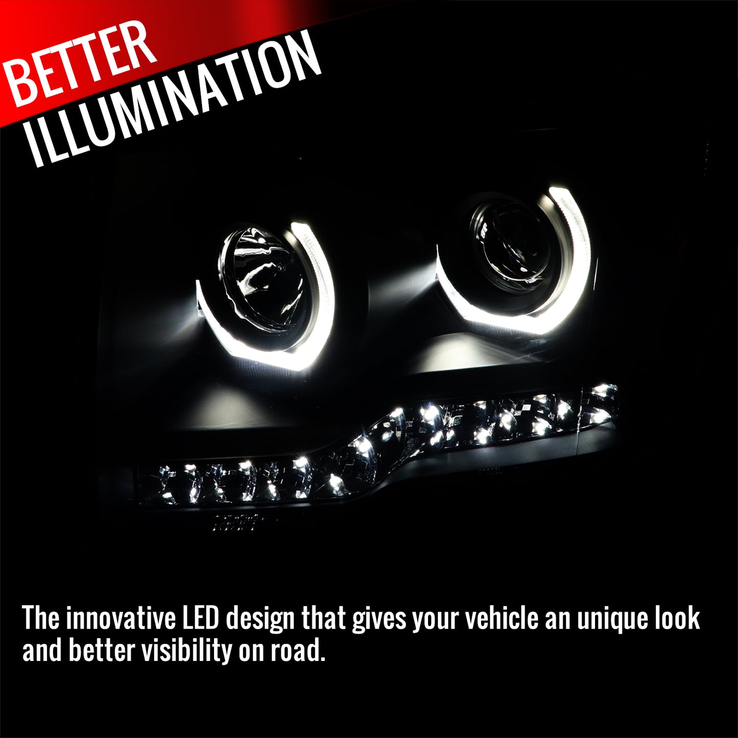 2009-2014 Ford F-150 Dual U-Ring Halo Projector Headlights w/ LED Light Strip (Black housing/Smoked Lens)