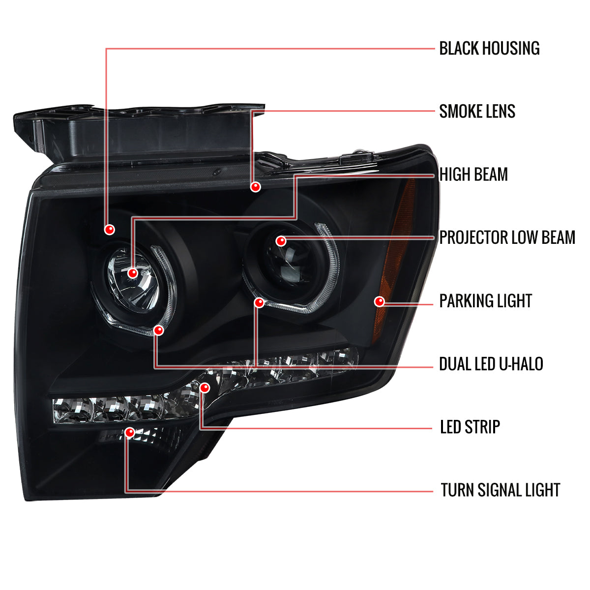 2009-2014 Ford F-150 Dual U-Ring Halo Projector Headlights w/ LED Light Strip (Black housing/Smoked Lens)