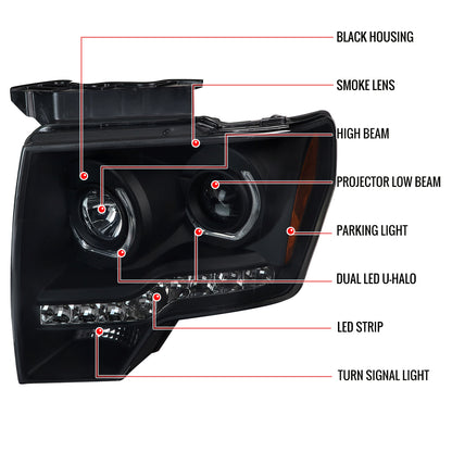2009-2014 Ford F-150 Dual U-Ring Halo Projector Headlights w/ LED Light Strip (Black housing/Smoked Lens)