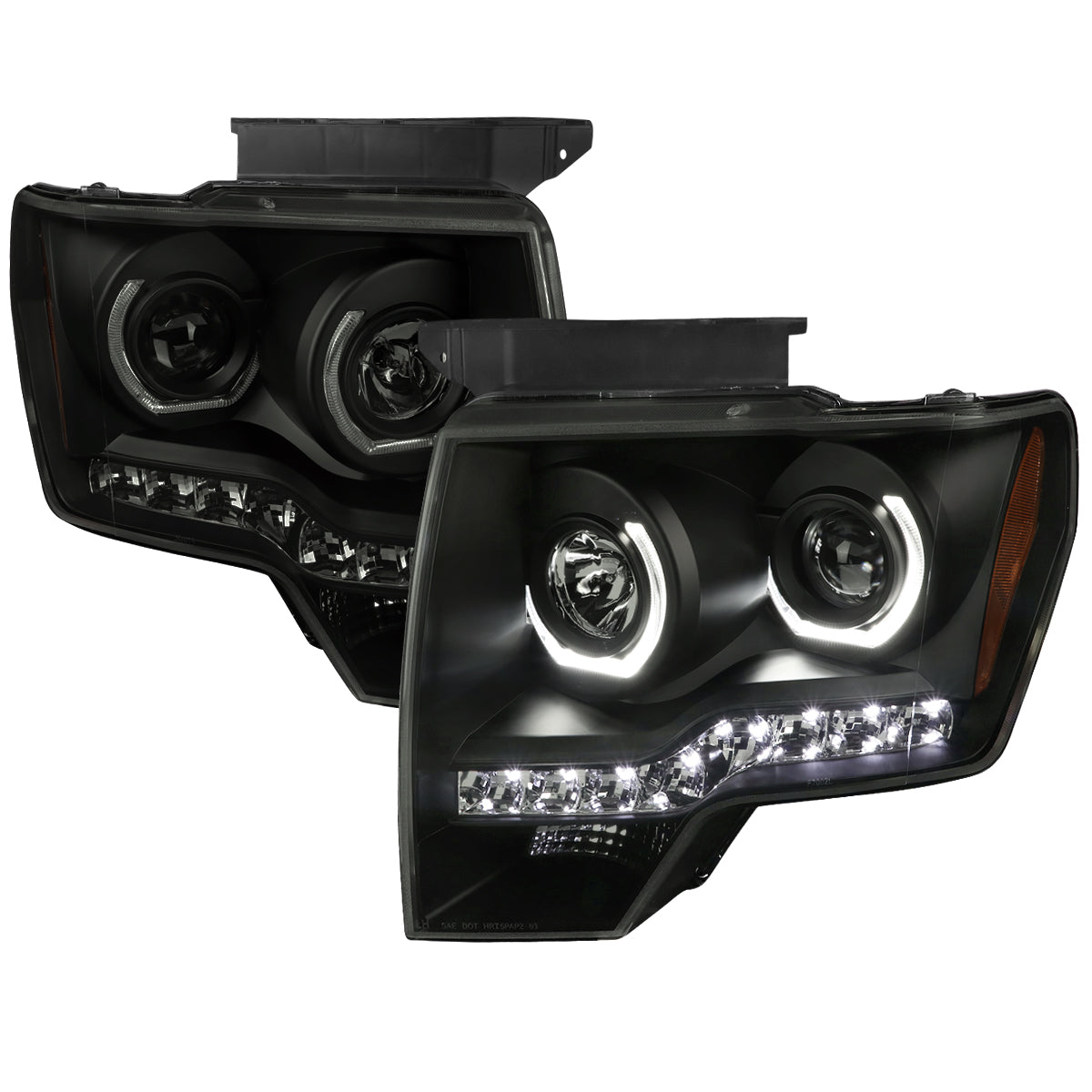 2009-2014 Ford F-150 Dual U-Ring Halo Projector Headlights w/ LED Light Strip (Black housing/Smoked Lens)
