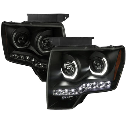 2009-2014 Ford F-150 Dual U-Ring Halo Projector Headlights w/ LED Light Strip (Black housing/Smoked Lens)