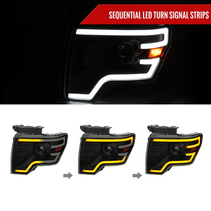 2009-2014 Ford F-150 Switchback Sequential LED Turn Signal Projector Headlights (Matte Black Housing/Smoked Lens)