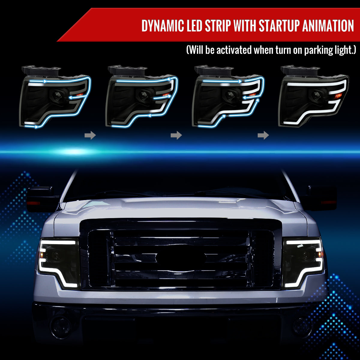 2009-2014 Ford F-150 Switchback Sequential LED Turn Signal Projector Headlights (Matte Black Housing/Smoked Lens)