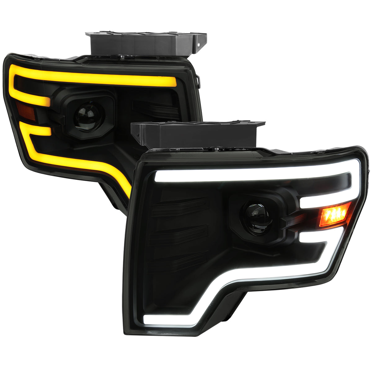 2009-2014 Ford F-150 Switchback Sequential LED Turn Signal Projector Headlights (Matte Black Housing/Smoked Lens)