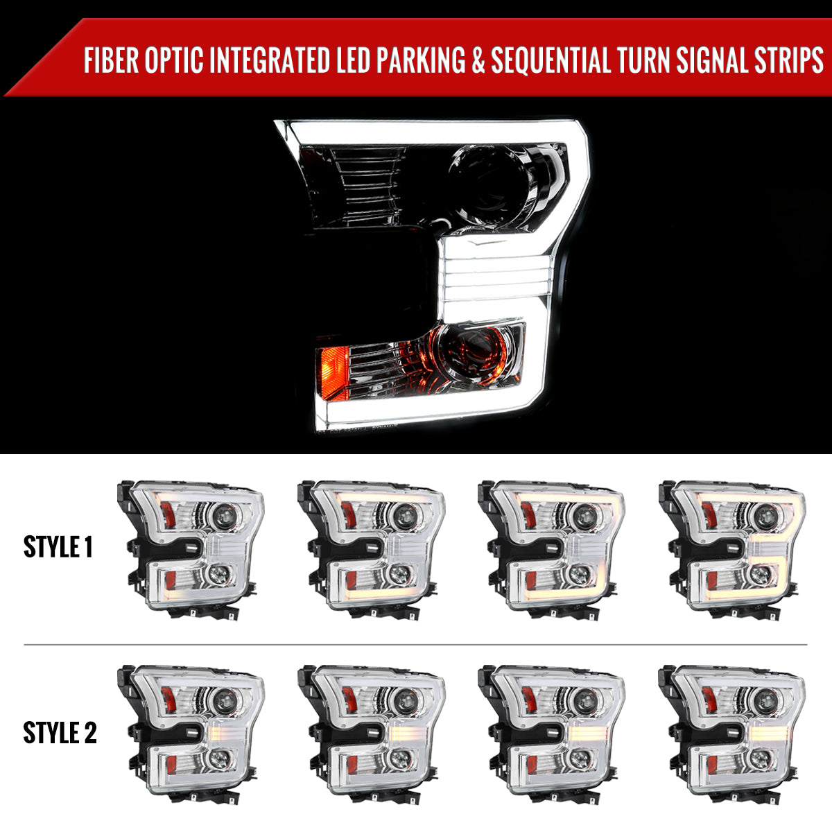 2015-2017 Ford F-150 LED Bar Projector Headlights w/ Switchback Sequential Turn Signals (Chrome Housing / Clear Lens)