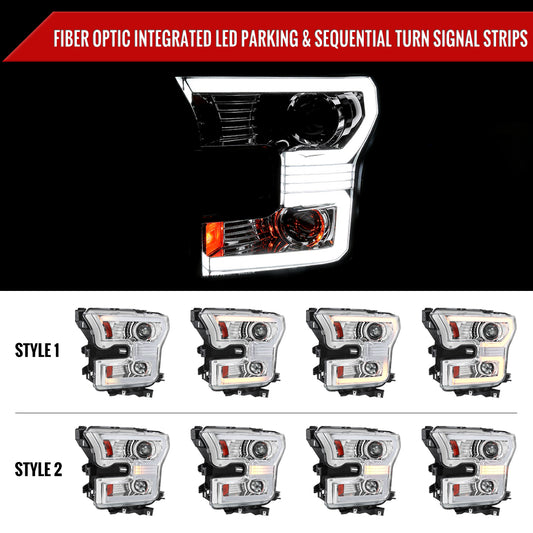 2015-2017 Ford F-150 LED Bar Projector Headlights w/ Switchback Sequential Turn Signals (Chrome Housing / Clear Lens)