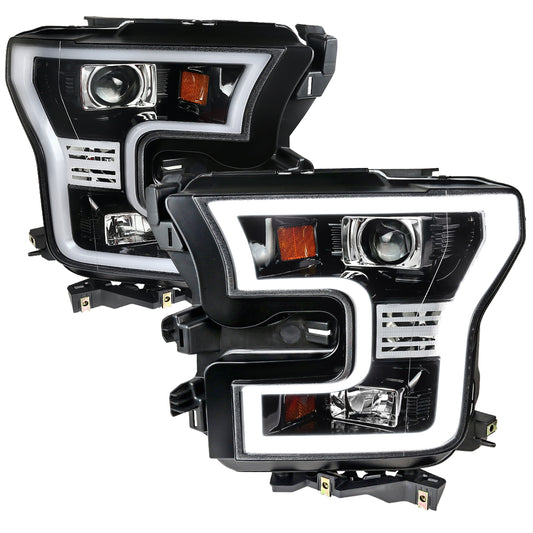 2015-2017 Ford F-150 LED Bar Projector Headlights (Jet Black Housing/Clear Lens)