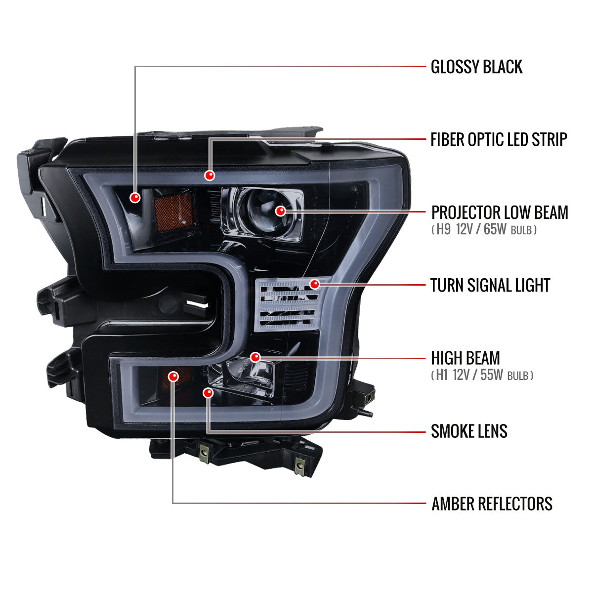 2015-2017 Ford F-150 LED Bar Outline Projector Headlights (Glossy Black Housing/Smoked Lens)