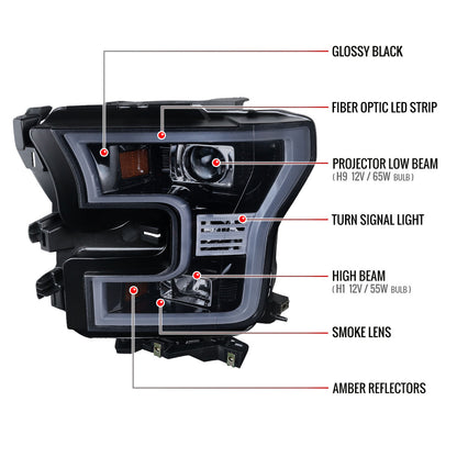 2015-2017 Ford F-150 LED Bar Outline Projector Headlights (Glossy Black Housing/Smoked Lens)