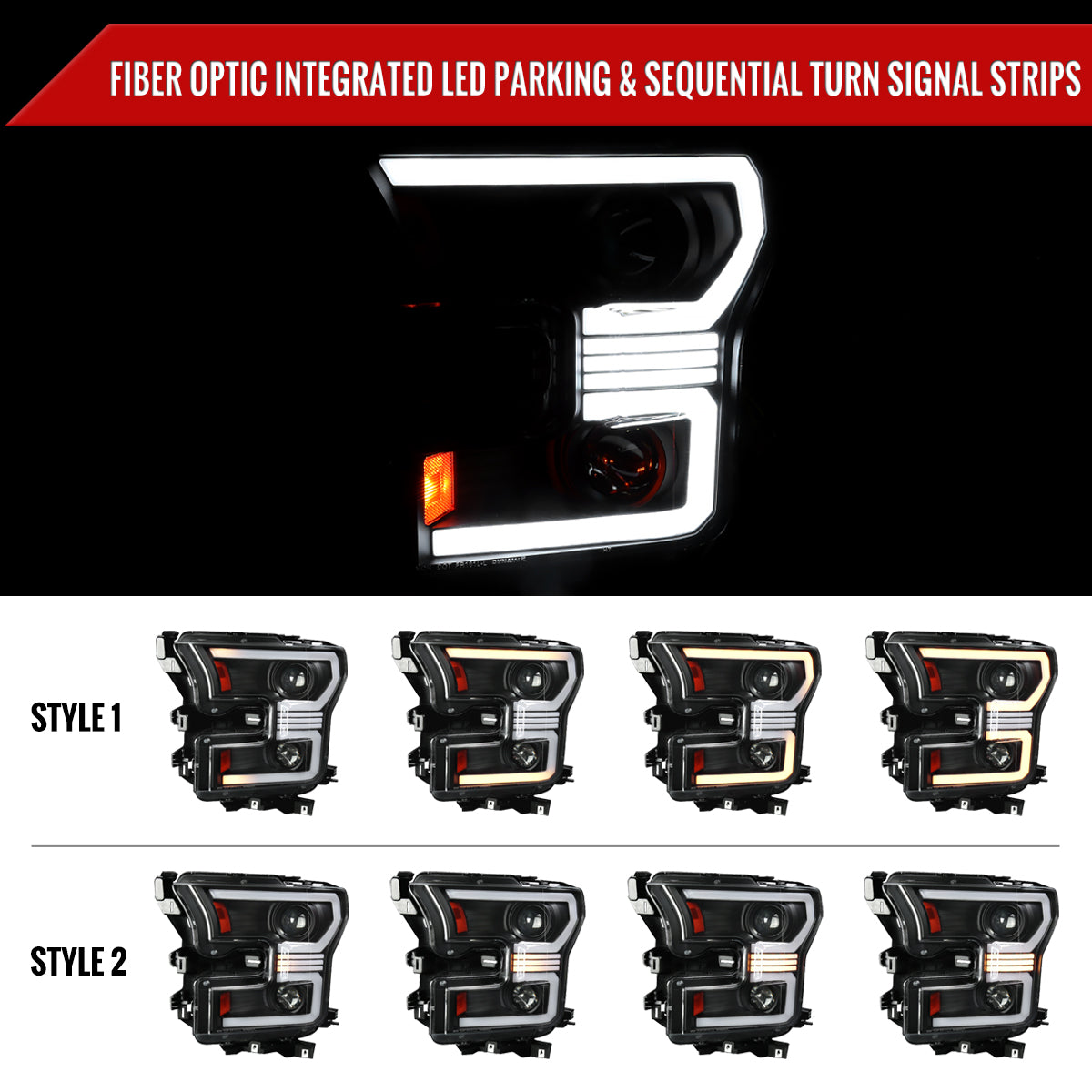 2015-2017 Ford F-150 LED Bar Projector Headlights w/ Switchback Sequential Turn Signals (Black Housing / Clear Lens)
