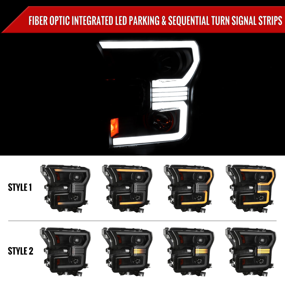2015-2017 Ford F-150 LED Bar Projector Headlights w/ Switchback Sequential Turn Signals (Black Housing / Smoked Lens)