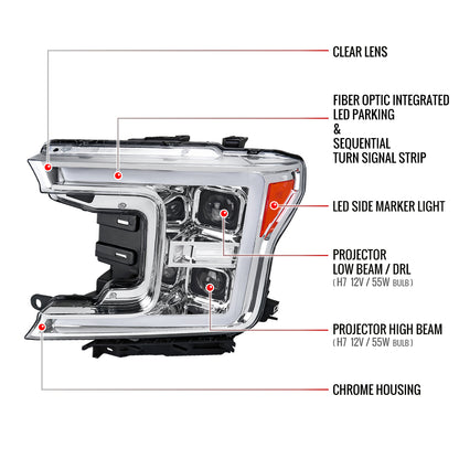 2018-2020 Ford F-150 LED C-Bar Projector Headlights w/ Switchback Sequential Turn Signal Lights (Chrome Housing / Clear Lens)
