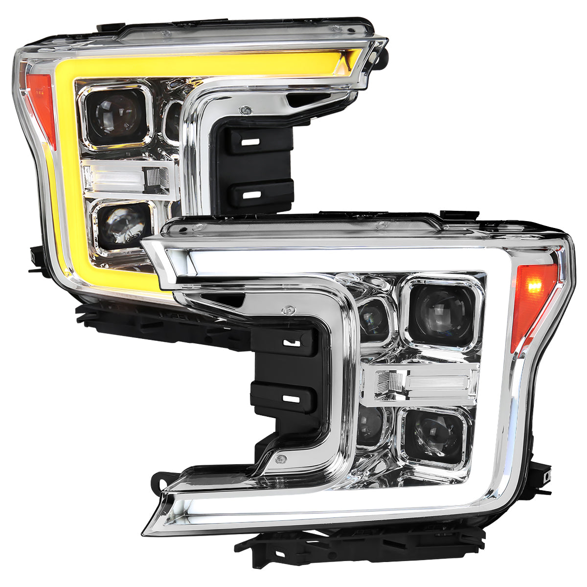 2018-2020 Ford F-150 LED C-Bar Projector Headlights w/ Switchback Sequential Turn Signal Lights (Chrome Housing / Clear Lens)
