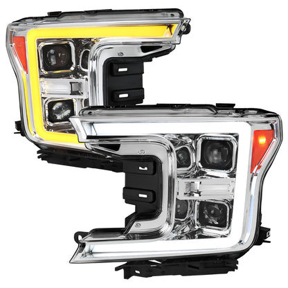 2018-2020 Ford F-150 LED C-Bar Projector Headlights w/ Switchback Sequential Turn Signal Lights (Chrome Housing / Clear Lens)