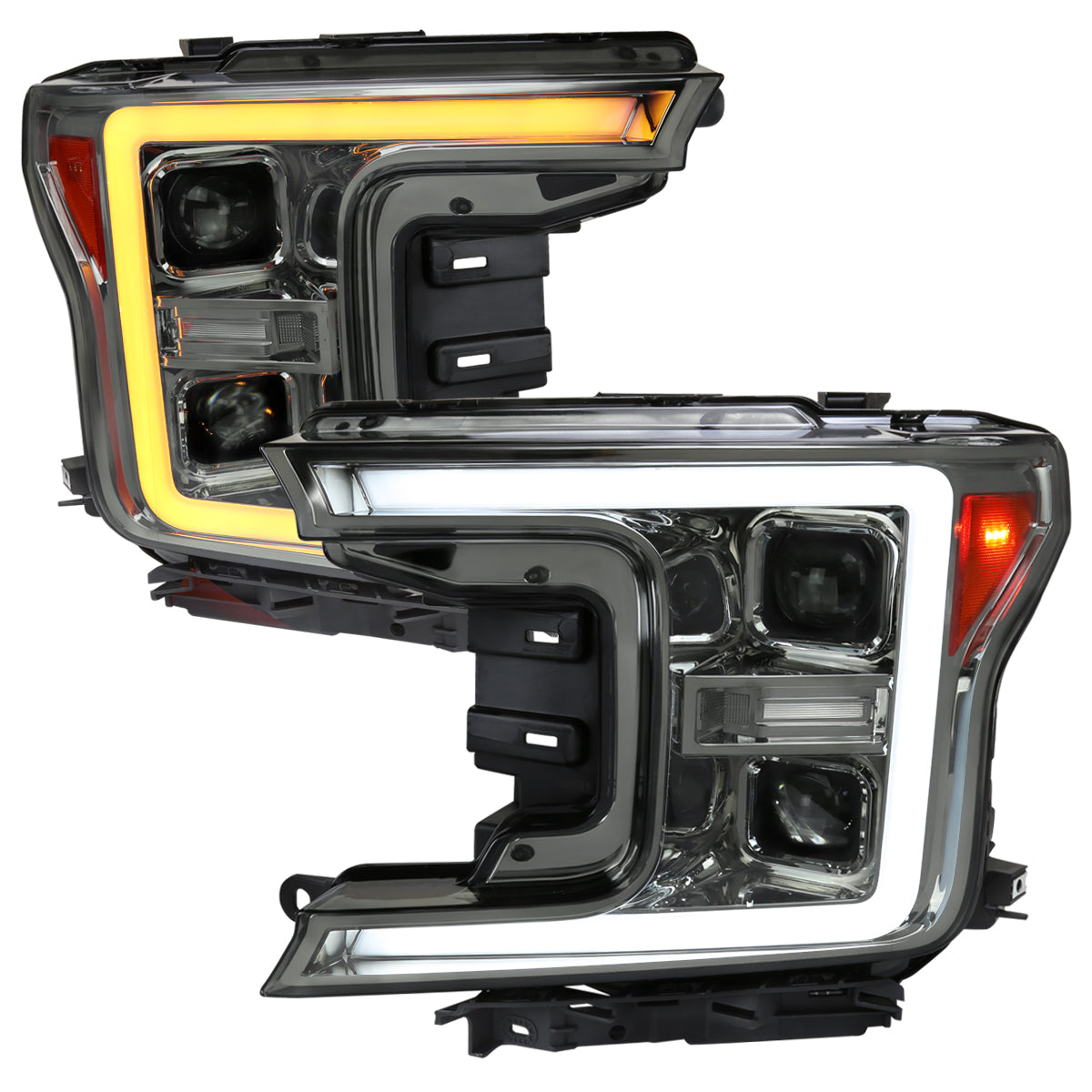 2018-2020 Ford F-150 LED C-Bar Projector Headlights w/ Switchback Sequential Turn Signal Lights (Chrome Housing / Smoked Lens)