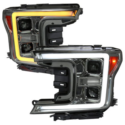 2018-2020 Ford F-150 LED C-Bar Projector Headlights w/ Switchback Sequential Turn Signal Lights (Chrome Housing / Smoked Lens)