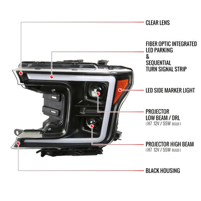 2018-2020 Ford F-150 LED C-Bar Projector Headlights w/ Switchback Sequential Turn Signal Lights (Matte Black Housing / Clear Lens)