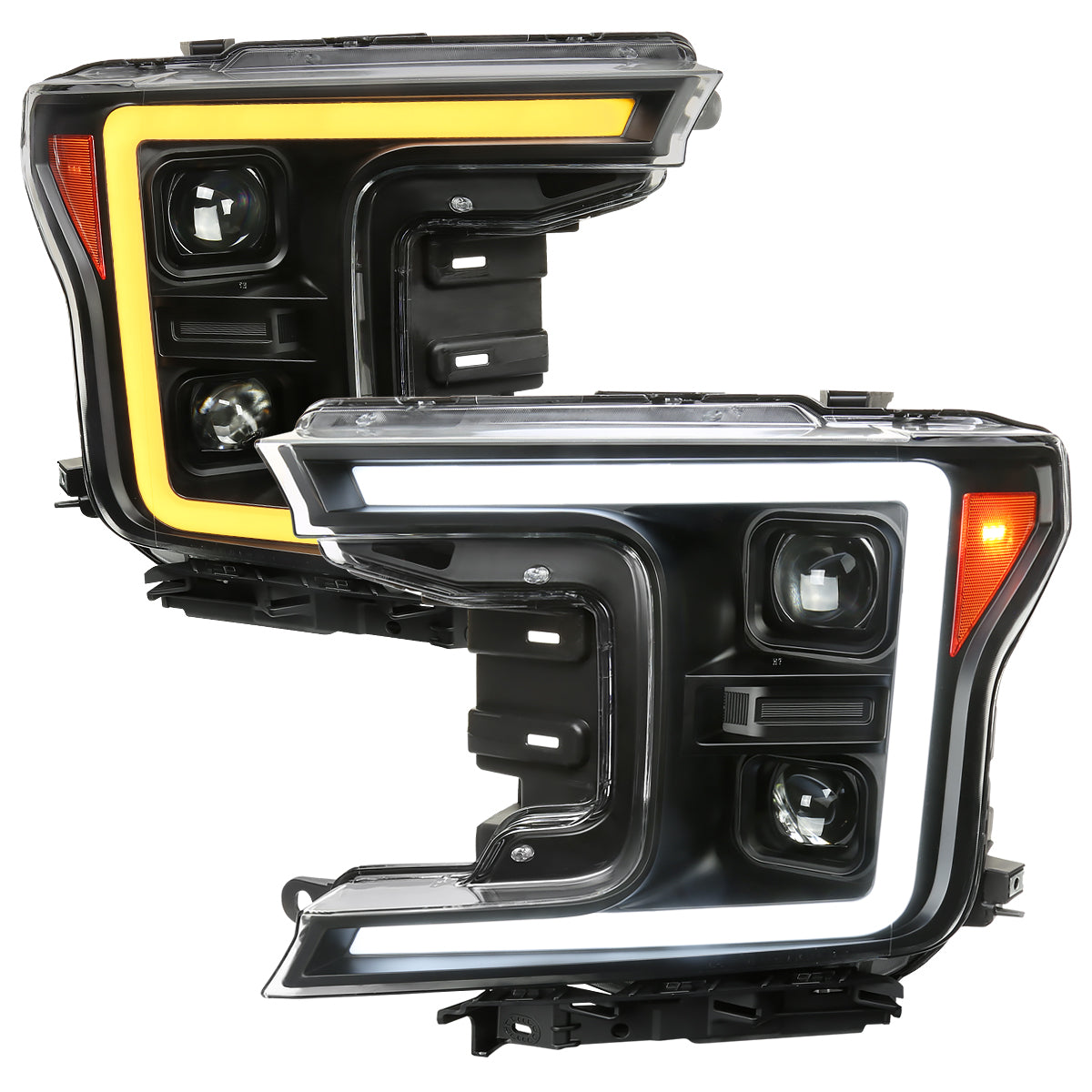 2018-2020 Ford F-150 LED C-Bar Projector Headlights w/ Switchback Sequential Turn Signal Lights (Matte Black Housing / Clear Lens)