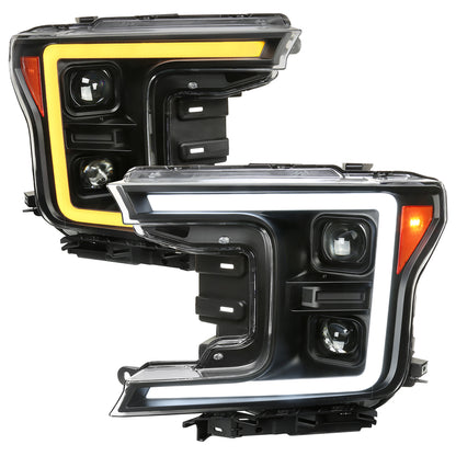 2018-2020 Ford F-150 LED C-Bar Projector Headlights w/ Switchback Sequential Turn Signal Lights (Matte Black Housing / Clear Lens)