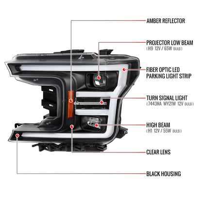 2018-2020 Ford F-150 LED C-Bar Projector Headlights (Black Housing / Clear Lens)