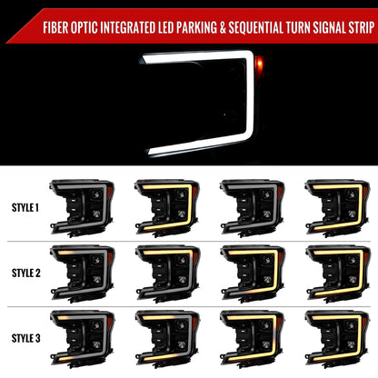 2018-2020 Ford F-150 LED C-Bar Projector Headlights w/ Switchback Sequential Turn Signal Lights (Matte Black Housing / Smoked Lens)