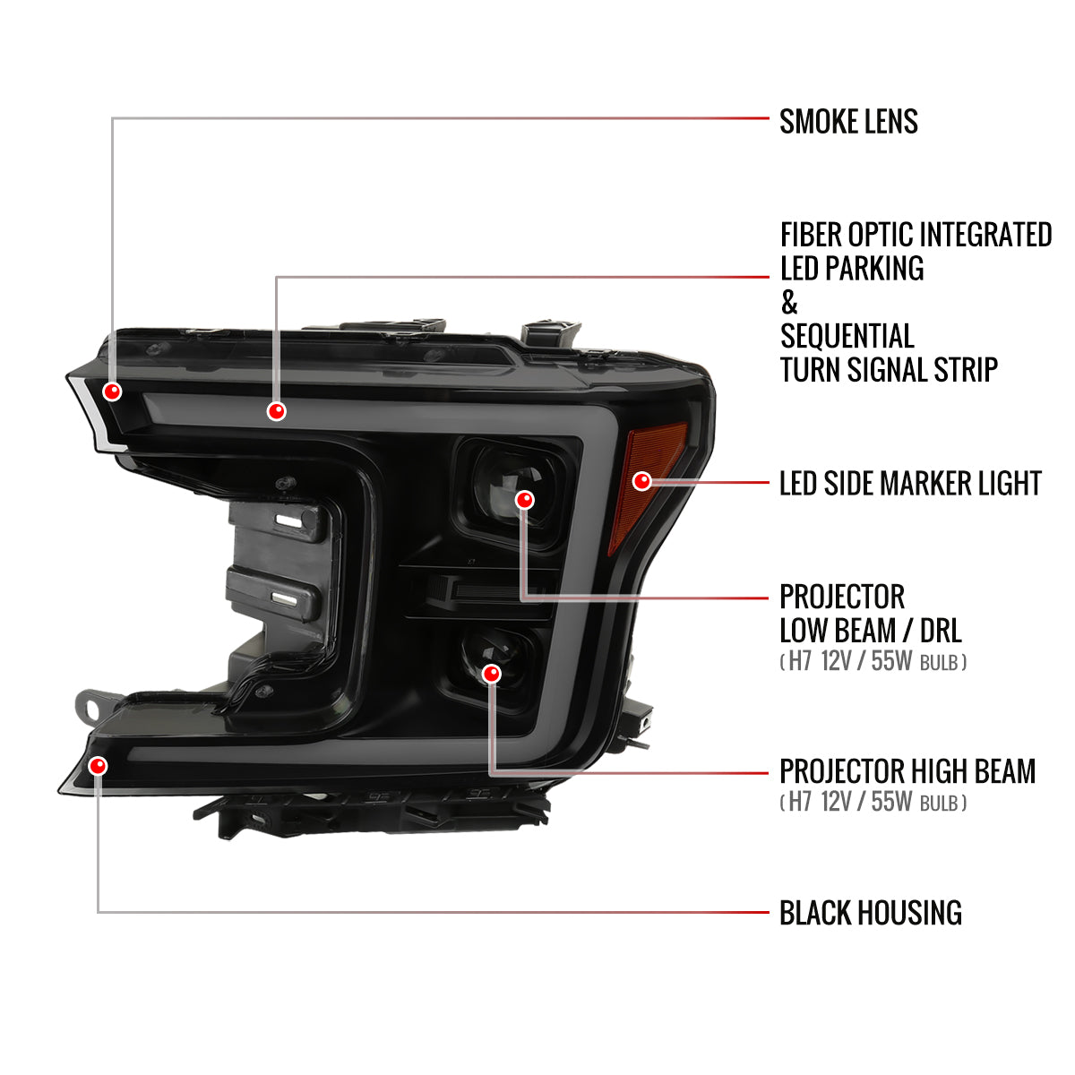 2018-2020 Ford F-150 LED C-Bar Projector Headlights w/ Switchback Sequential Turn Signal Lights (Matte Black Housing / Smoked Lens)
