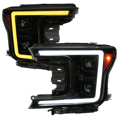 2018-2020 Ford F-150 LED C-Bar Projector Headlights w/ Switchback Sequential Turn Signal Lights (Matte Black Housing / Smoked Lens)