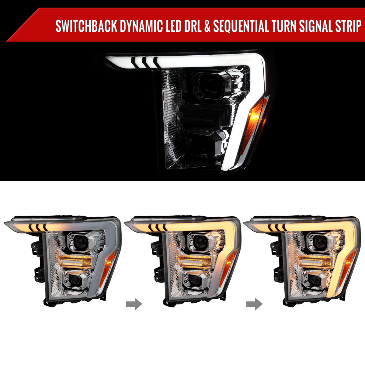 2021-2023 Ford F-150 Projector Headlight w/ Switchback Sequential Turn Signal LED Bar (Chrome Housing / Clear Lens)