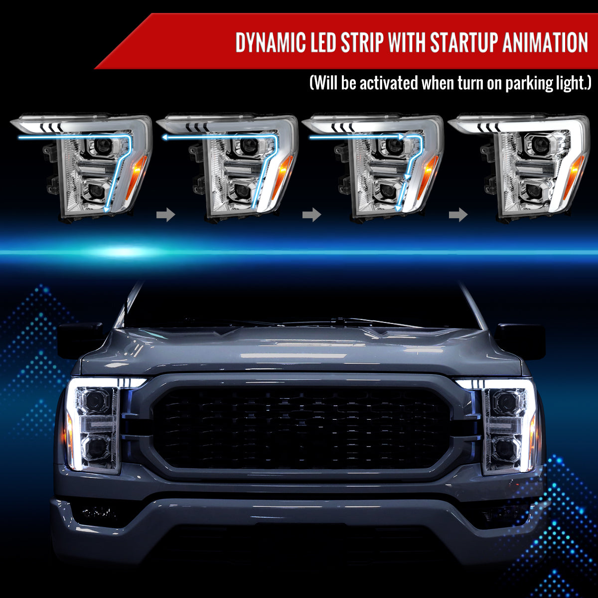 2021-2023 Ford F-150 Projector Headlight w/ Switchback Sequential Turn Signal LED Bar (Chrome Housing / Clear Lens)