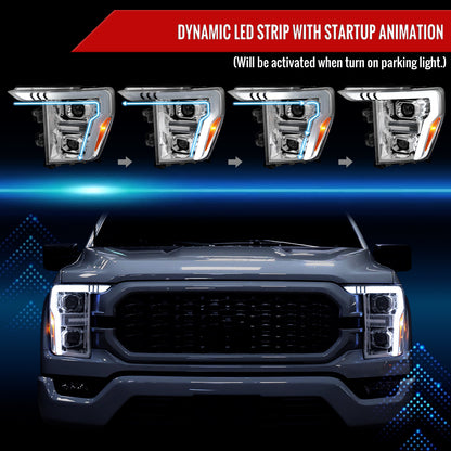 2021-2023 Ford F-150 Projector Headlight w/ Switchback Sequential Turn Signal LED Bar (Chrome Housing / Clear Lens)