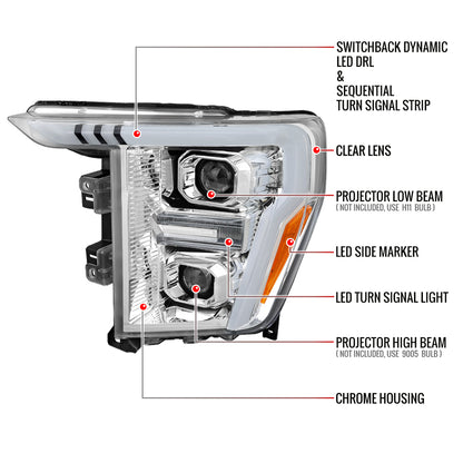2021-2023 Ford F-150 Projector Headlight w/ Switchback Sequential Turn Signal LED Bar (Chrome Housing / Clear Lens)