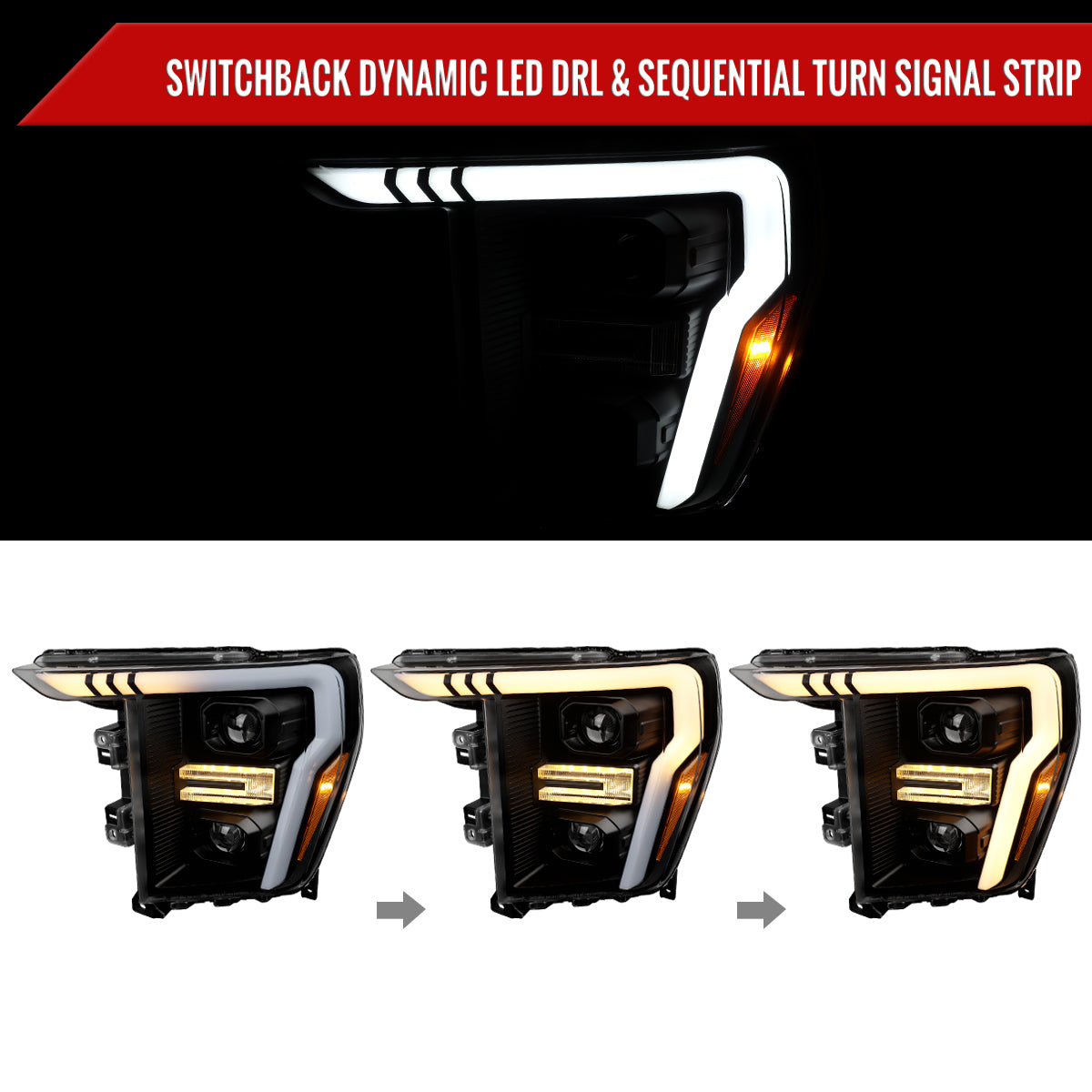 2021-2023 Ford F-150 Projector Headlight w/ Switchback Sequential Turn Signal LED Bar (Black Housing / Clear Lens)