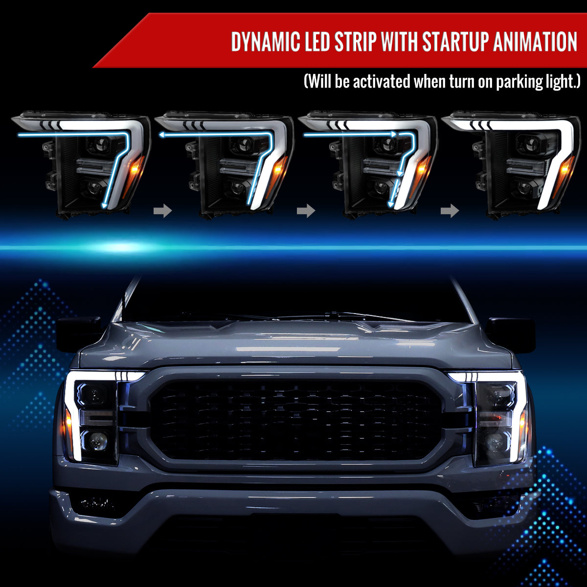 2021-2023 Ford F-150 Projector Headlight w/ Switchback Sequential Turn Signal LED Bar (Black Housing / Clear Lens)