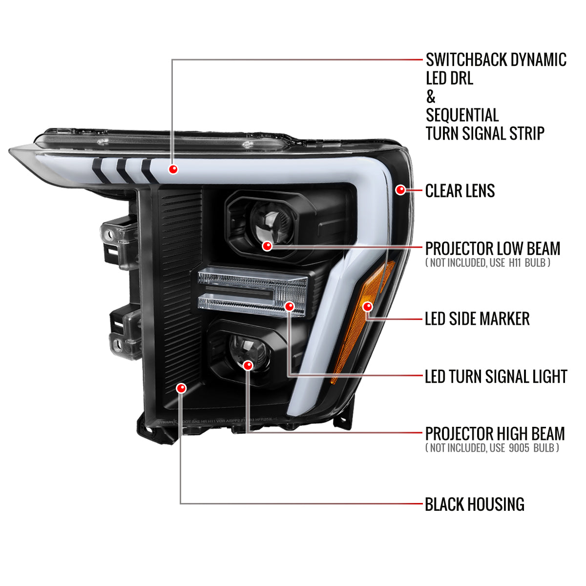 2021-2023 Ford F-150 Projector Headlight w/ Switchback Sequential Turn Signal LED Bar (Black Housing / Clear Lens)