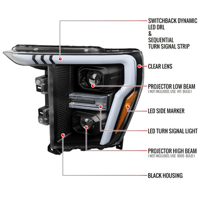 2021-2023 Ford F-150 Projector Headlight w/ Switchback Sequential Turn Signal LED Bar (Black Housing / Clear Lens)